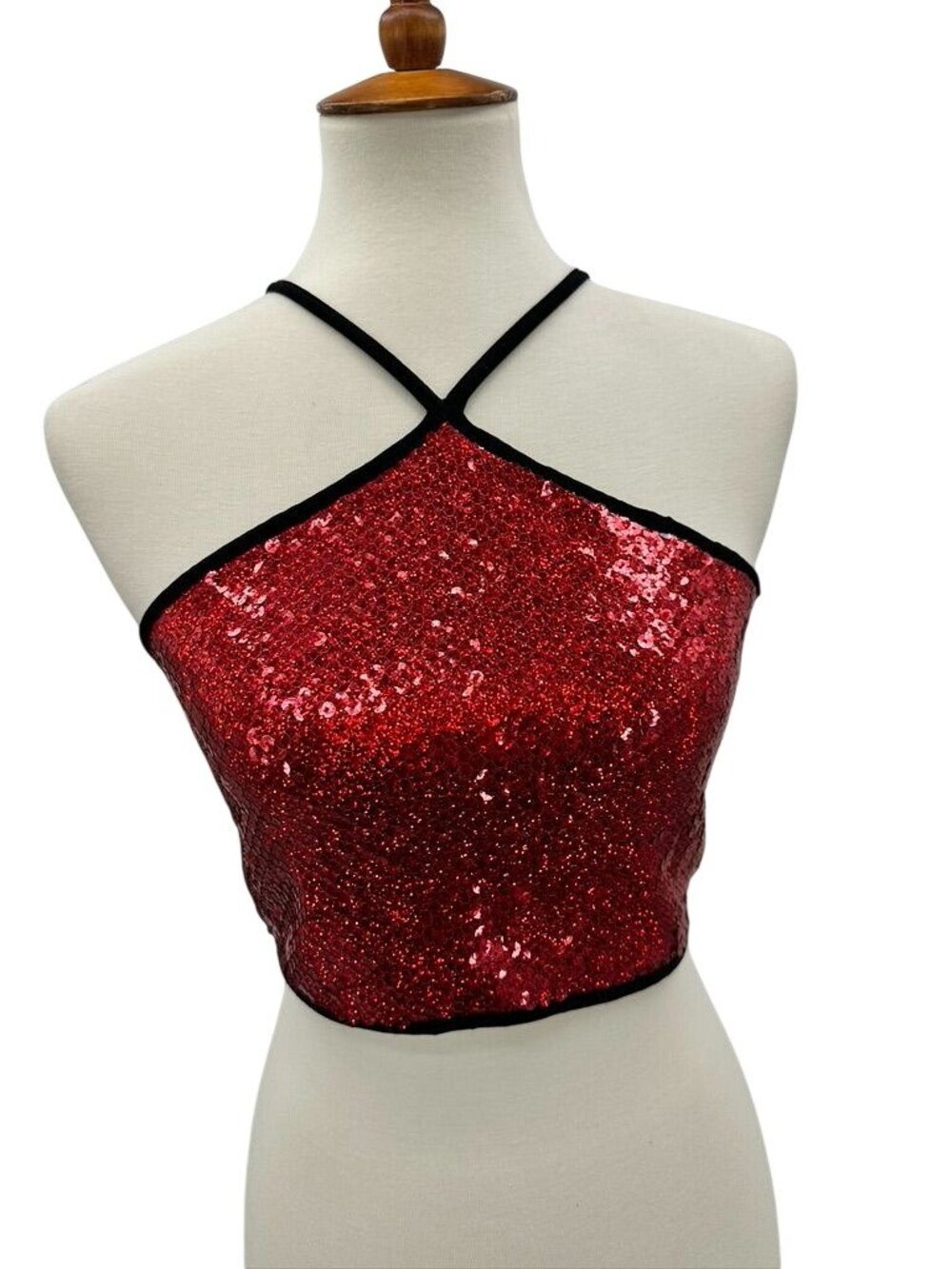 Red Sequin Halter Crop Top With Black Lace-Up Back Design Size 38/6